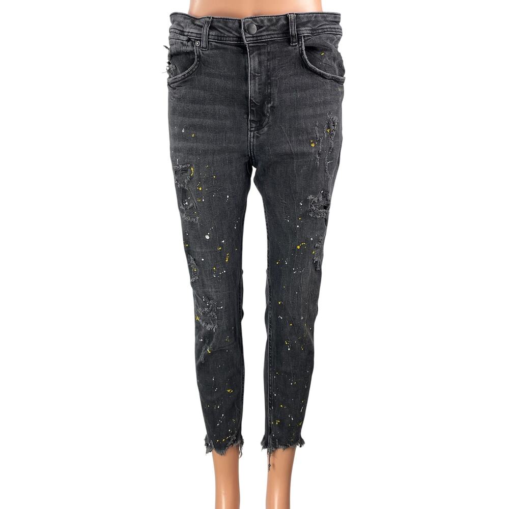 Zara Women's Black Distressed High Rise Paint Splatter Skinny Denim Jeans 31
